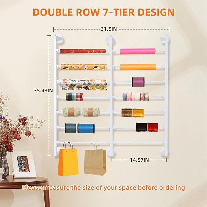 7-Tier Double Row Ribbon Storage Organizer , Wall Mounted Ribbon Organizer | 14 Removable Rods Craft Room Storage Rack. Perfect for Flower Shops, DIY Yarn, Gift Bags & Wrapping Paper Organization - Image 2