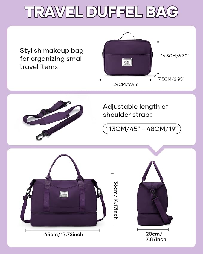 Travel Duffel Weekender Bag Women Tote Carry On Bags With Shoe Compartment | 18x14x8 inches Travel Overnight Bags with Trolley Sleeve for Airplanes Waterproof Sport Tote Gym with Toiletry Bag Purple - Image 3