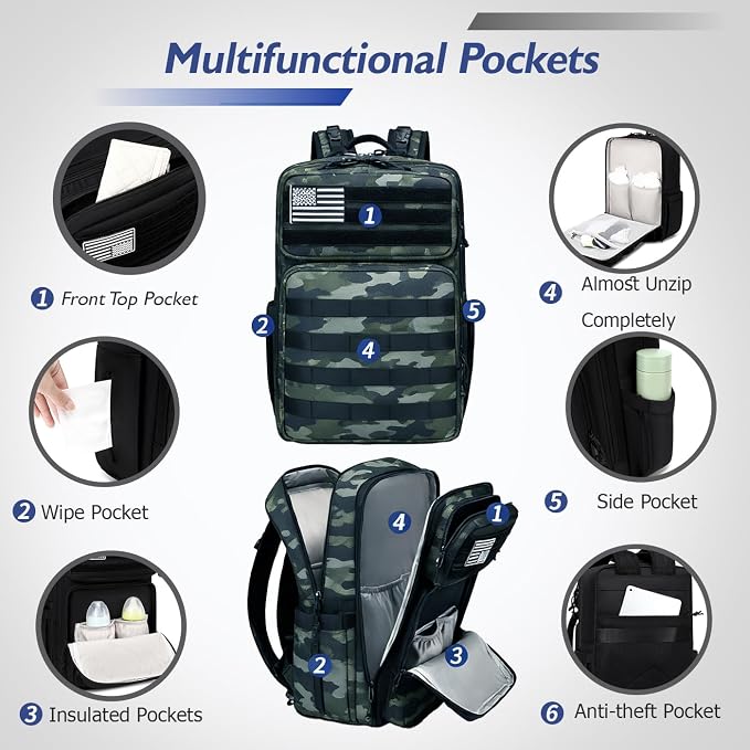 Large Dad Diaper Bag Backpack, Tactical Style, Camouflage | Stroller Clips, Luggage Sleeve for Travel, Insulated Pockets - Image 5