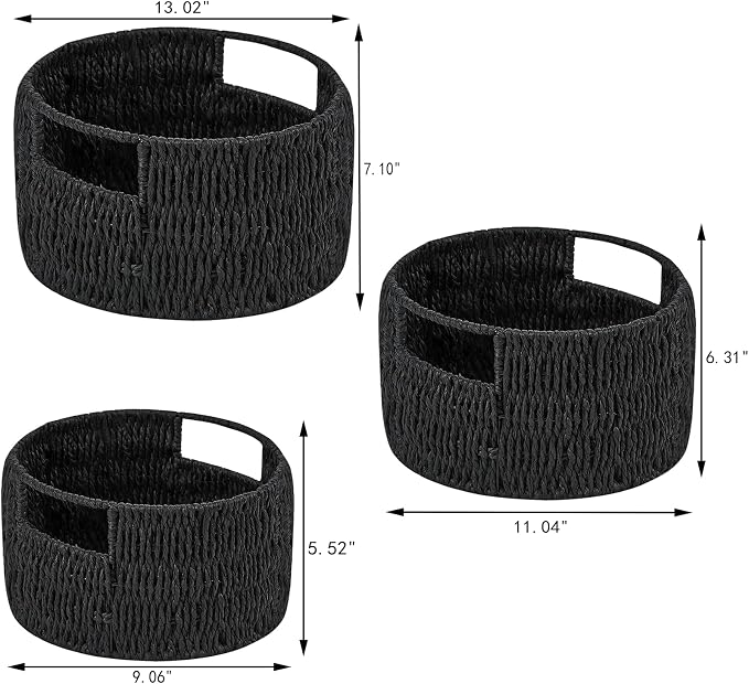 Wicker Storage Basket, Hand-Woven Paper Rope Large Round Woven Basket With Handles, Wicker Baskets for Organizing/Storage, Black, 3-Pack - Image 2