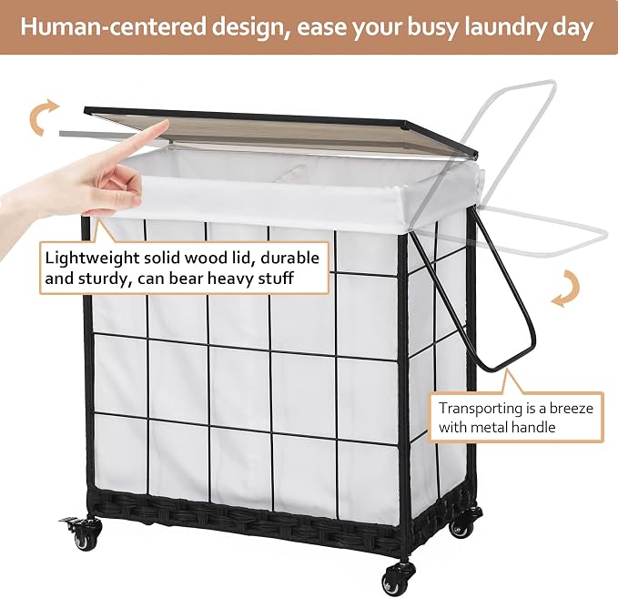 110L Laundry Hamper with Wood Lid, Rolling Laundry Basket with Liner Bag | Dual Laundry Compartments; Lockable Wheels; Reinforced Steel Frame; Durable Metal Handle; Easy Assembly - Image 3