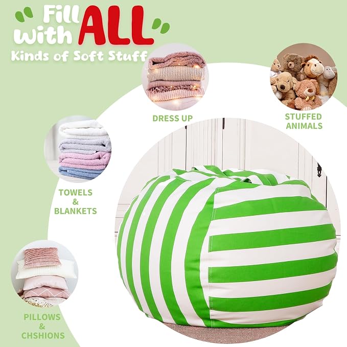 WEKAPO Stuffed Animal Storage Bean Bag Chair Cover for Kids | Stuffable Zipper Beanbag for Organizing Children Plush Toys Large Premium Cotton Canvas (Green, XX-Large) - Image 5