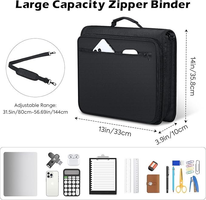 MoKo Zipper Binder, 2-Inch 3-Ring, 500 Sheets, 5-Tab File Folders, Black | 420D nylon with five dividers, multiple pockets, a padded handle and adjustable shoulder strap. - Image 6
