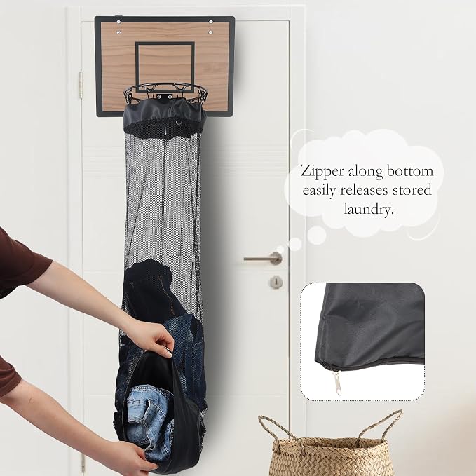 Over the Door Basketball Hoop Laundry Basket ,Wooden Basketball Laundry Hamper with Zipper for Kids Room,Dorm Rooms,Bathroom,Saving Space Storage and Organization (Walnut) - Image 4