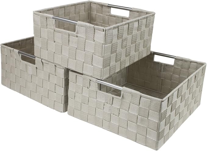 Sorbus Storage Box Woven Basket Bin Container Tote Cube Organizer Set Stackable Storage Basket Woven Strap Shelf Organizer Built-in Carry Handles (Beige) by Sorbus