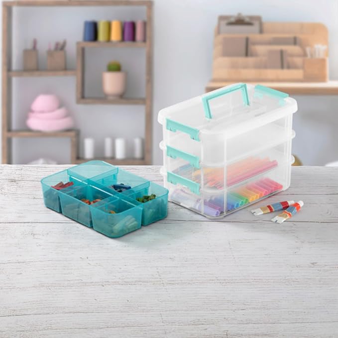 Sterilite 24 Pack Plastic Storage Box Container, 3 Layer, Stack and Carry, Clear/Blue - Image 6