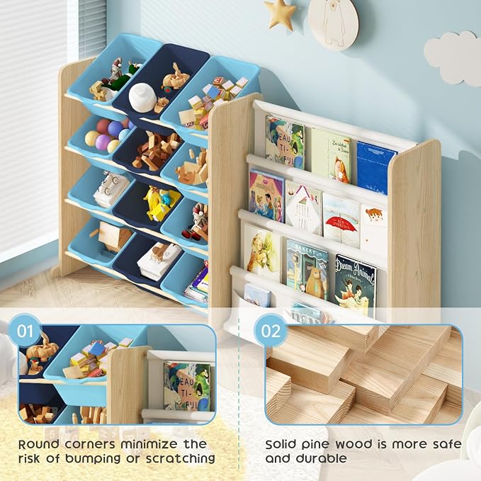 EXPERLAM Kids Toy Storage Organizer - Toy Storage with Bookshelf, Toy Organizer with 12 Blue Bins and 4 Book Shelves, Toy Organizers and Storage for Playroom, Nursery, Kids Room, Burlywood - Image 4