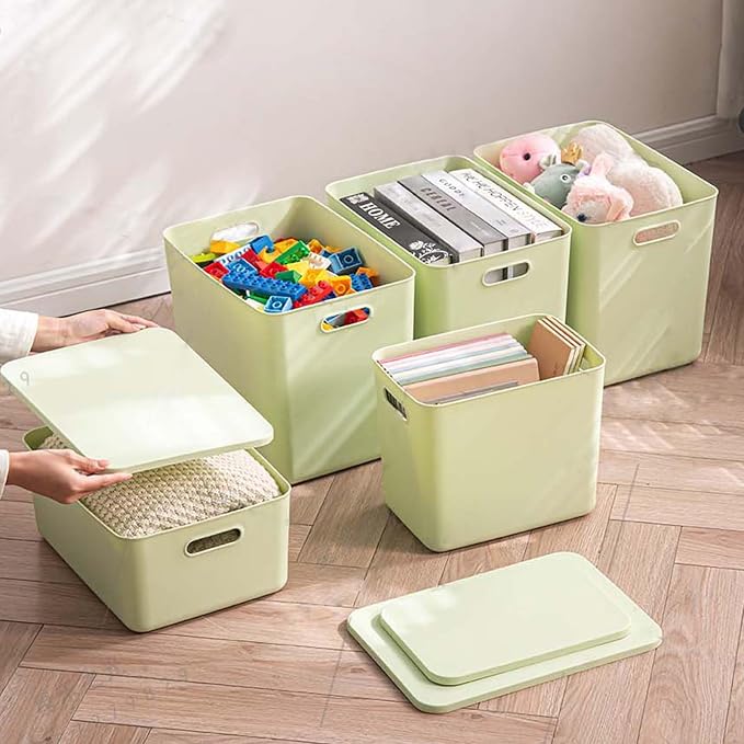 5 pack large plastic White storage bins with Lids, Toy Box Chest with Handle，Organizer Containers Baskets for Baby,Nursery，Shelves，Playroom, Bedroom，Office,Closet，home (Light Green, 5L) - Image 5
