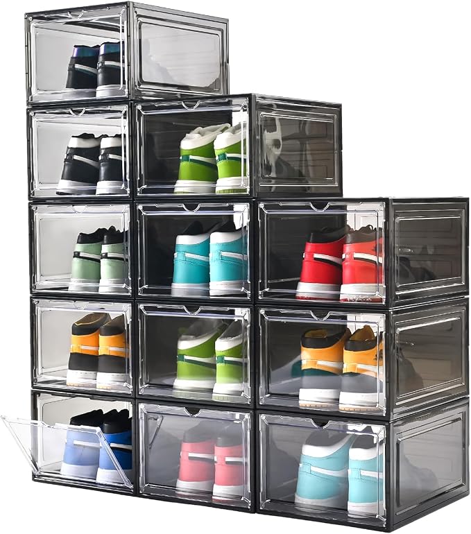 Large Shoe Boxes Clear Plastic Stackable，Drop Front Shoe Box with Clear Door, Shoe Containers For Sneaker Display,Fit up to US Size12 by beehomay
