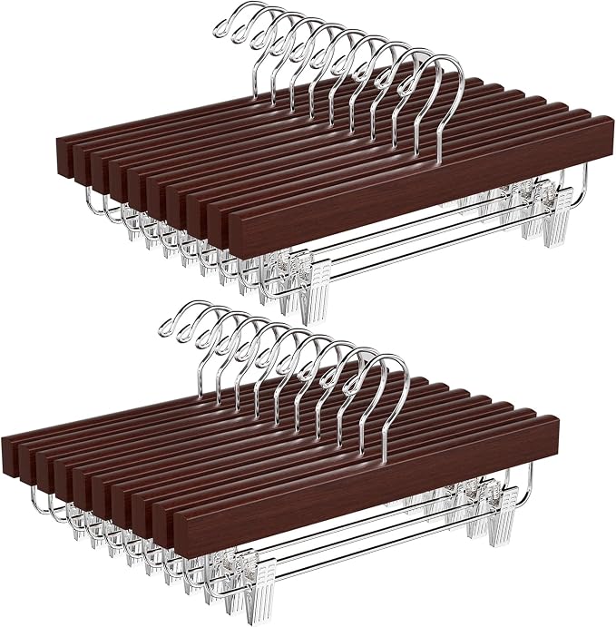 BAGAIL 20 Pack Wooden Pants Hangers with Adjustable Clips, 360°Swivel Hook Space Saving Skirt Holders with Anti-Rust Clips for Trousers, Jeans, Shorts(Walnut) by BAGAIL