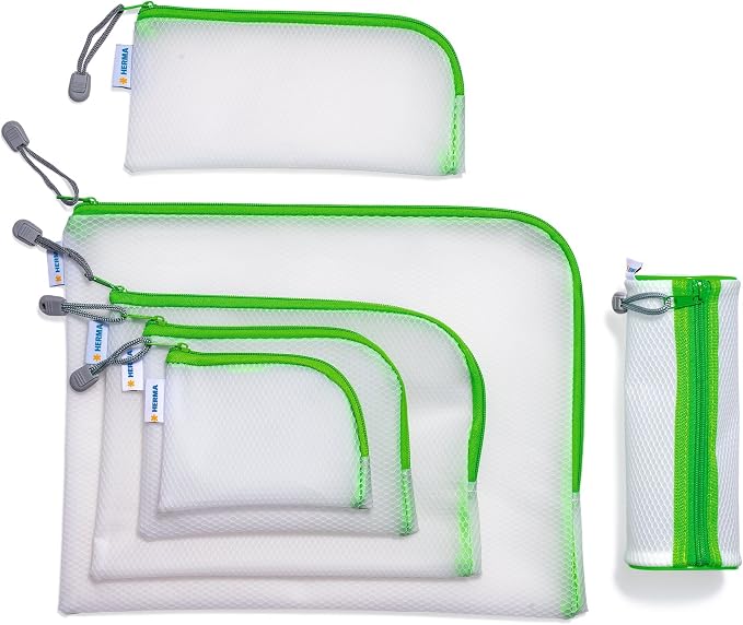 HERMA 20016 Zip Document Bag A4, Transparent (36 x 28 cm) Large Zippered mesh Pouch with Zipper for Laptop, Tablet, Books, Papers, Toys, Clear Storage Wallet with Zipper in Green - Image 3