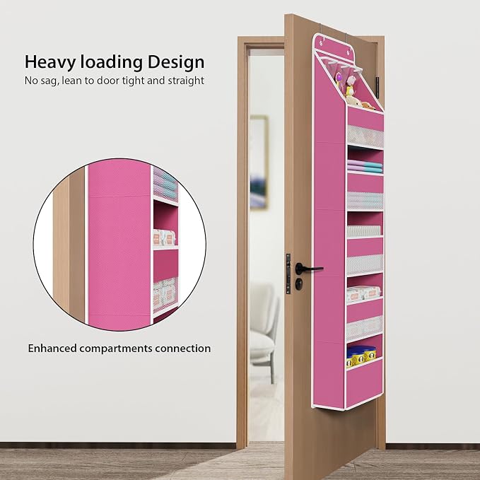 Univivi Fabric Over Door Hanging Organizer for Baby Nursery, Pink, 6-Shelf | Door Storage with Large Capacity Breathable Mesh Pockets, Over Door Storage Organizer for Baby Essential, Bedroom, and Dorm - Image 2