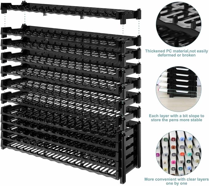 12 Layers Universal Marker Storage Trays, Penholder Display for 180 Pens SN01 Pencil Organizer Holder for Desk (Black-12 layers) - Image 2