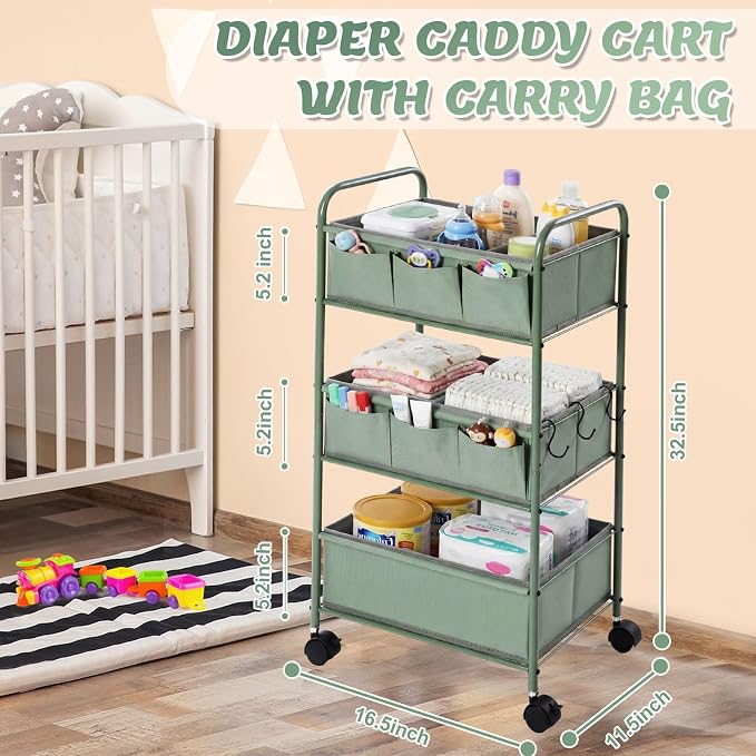 WILLBOND 3 Tier Green Baby Diaper Caddy Organizer Cart with 4+3 Dividers Large Capacity Metal Utility Bedside Rolling Cart Newborn Registry Nursery Essential Must Have Crib Bedroom Baby Shower - Image 2