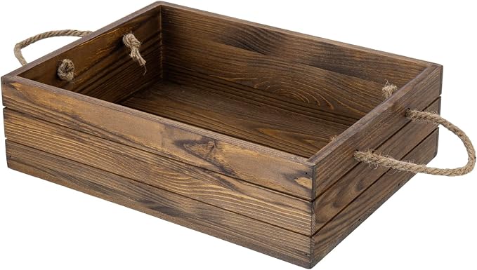 MyGift 15 Inch Rustic Wood Storage Box, Farmhouse Crate with Handles | Open-top design stores small blankets, toys, books, décor, and household essentials while rope handles allow easy carrying by MyGiftHome