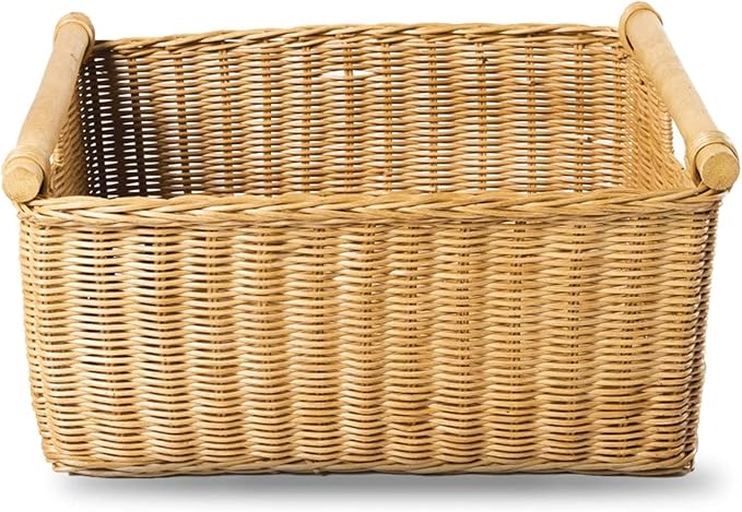 The Basket Lady Pole Handle Wicker Storage Basket, S, Sandstone | Outside: 14" L x 10" W x 7.5" H | Inside: 12"L x 8.5"W x 7"H - Handcrafted by artisans from natural rattan - Image 3