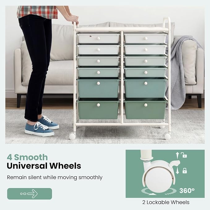 Giantex 12 Drawers Rolling Storage Cart, Classroom Organizers with Wheels for Tools Scrapbook Craft Paper Teacher Office School Supplies, Green Gradient - Image 5
