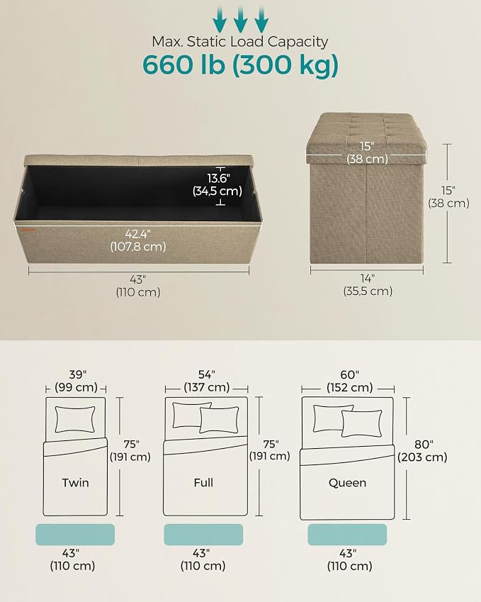 SONGMICS Mazie Collection - 43 Inches Storage Ottoman, Foldable Storage Bench with Flipping Lid, 660 lb Load Capacity, for Entryway, Living Room, Bedroom, Camel Brown ULSF076K01 - Image 3