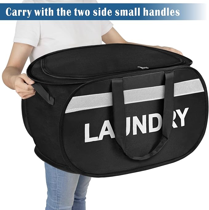 Large Collapsible Laundry Baskets Pop Up Laundry Hamper with Reinforced Handles Foldable Laundry Hamper for Home Laundry (Black Laundry with Lid) - Image 5