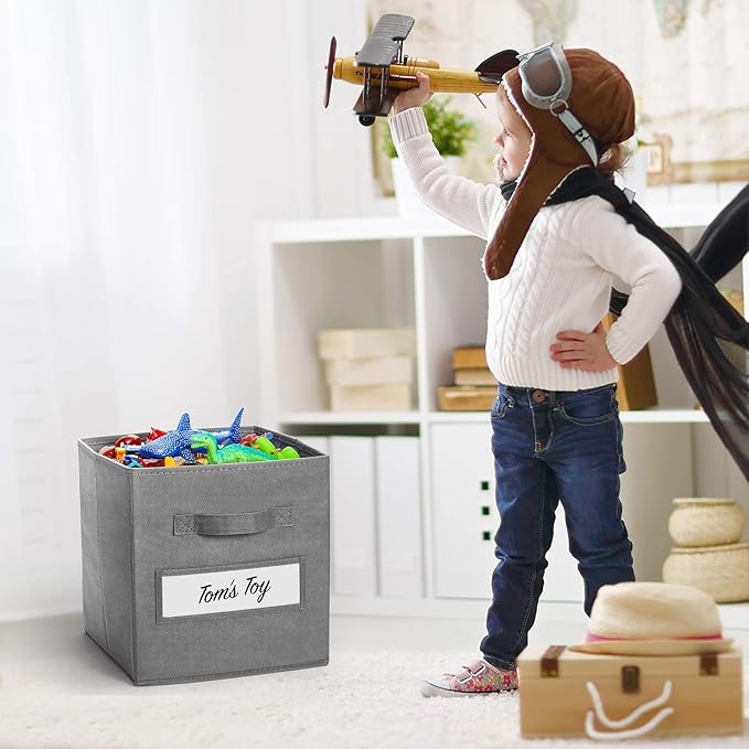 13x13x13 storage cube bins (Set of 10) Fabric storage cubes with 10 Labels Window Cards & a Pen, storage cubes 13x13, Collapsible 13 inch cube storage bins, Cubby Organizer Boxes, Gray - Image 5