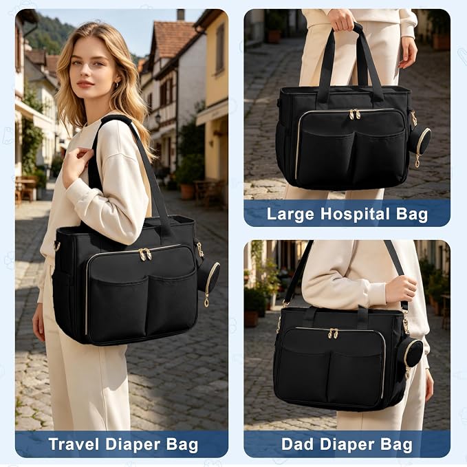 GDNasist Diaper Bag Tote, Large Travel Hospital Bag for Labor Delivery | Baby Bag with Pacifier Case, Large Capacity Travel Diaper Case with Changing Pad & Stroller Clips - Image 6