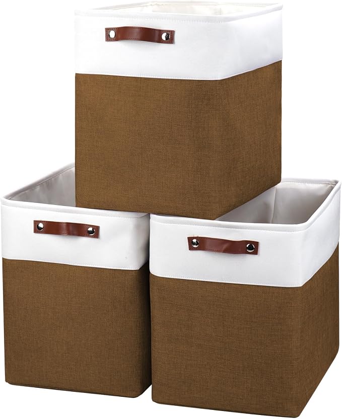 Large Fabric Storage Baskets | 50L Storage Bins, Decorative Linen Closet Baskets with Handles for Organizing, Shelf, Toys, Clothes, Home, Office, Nursery, 17x12x15Inches (Brown&White) by Bagnizer