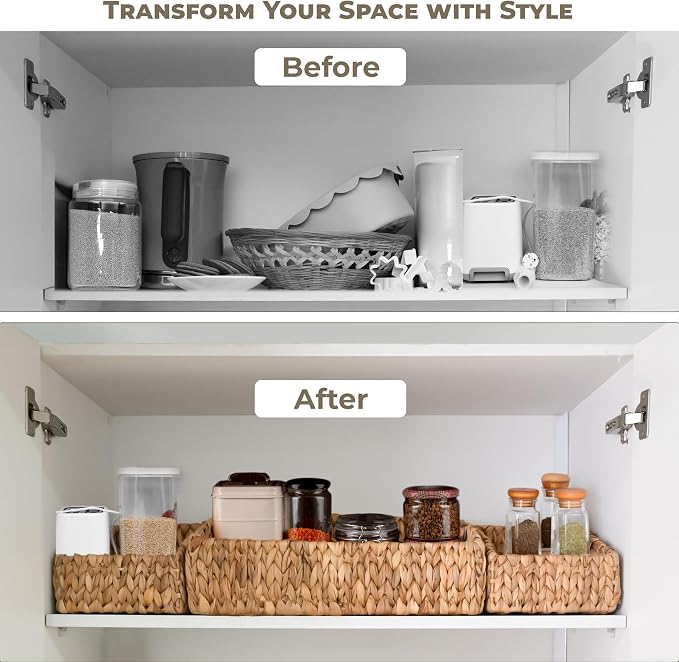 KOKODO Rectangular Wicker Storage Baskets for Shelves, Set of 3 Water Hyacinth Woven Bins with Handles, Open Front Pantry Shelf Organizer for Closet, Bedroom, Boho Decorative, Natural - Image 5