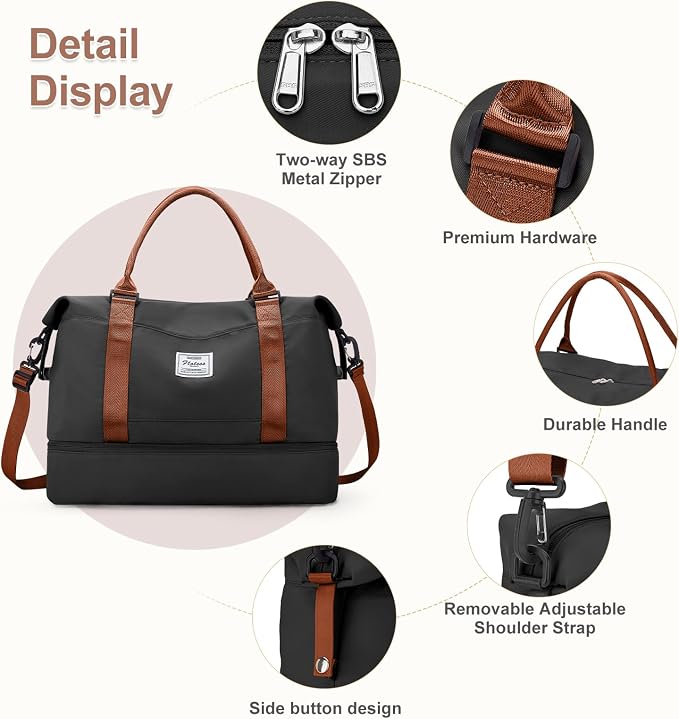 Large Weekender Bags for Women, Travel Duffel Bag with Shoe Compartment,Personal Item Travel Carry on Overnight Bag for Women Travel Set,Black & Brown - Image 5