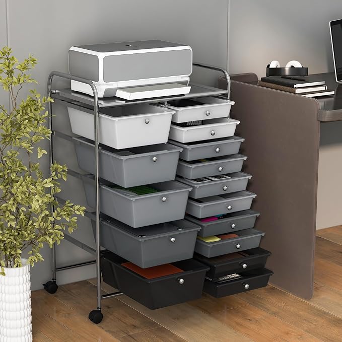 RELAX4LIFE 15-Drawer Storage Drawer Cart - Mobile Rolling Utility Cart with Wheels, Steel Frame, Craft Organizer for Classroom Organization and Storage, School, Office, Home, Gradient Black - Image 2