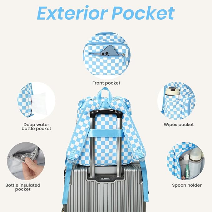 FHELAD Checkered Diaper Bag Backpack with Changing Pad & Stroller Clips | Baby Diaper Bag, Baby Shower Gifts, 4 Insulated Bottle Holders, Wet Wipe Pocket, Luggage Strap - Image 3