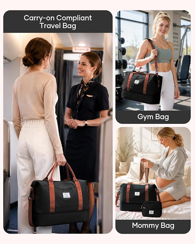 Travel Duffel Weekender Bag Women Tote Carry On Bags With Shoe Compartment | 18x14x8 inches Travel Overnight Bags with Trolley Sleeve for Airplanes Waterproof Sport Tote Gym with Toiletry Bag BlackBrown - Image 8