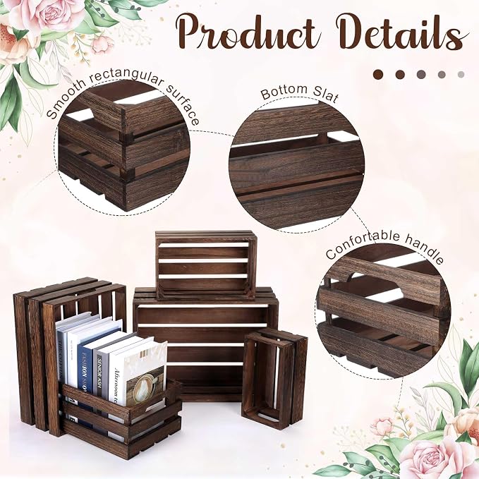 Soaoo 5 Pcs Decorative Nesting Wooden Crates for Storage Display 5 Size Large Small Rustic Wood Decorative Storage Crates with Handle Farmhouse Crate Box Container Made from Pine(Vintage Black) - Image 3