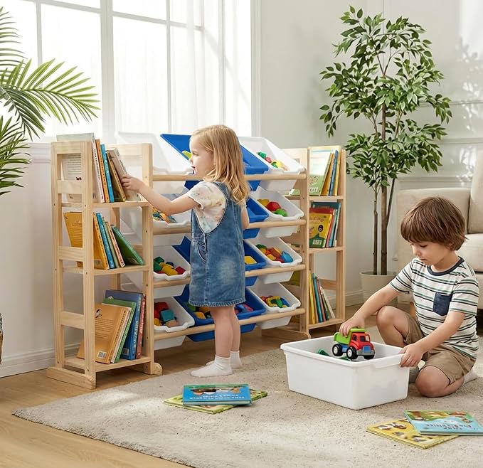 Amdermi Kids Toy Storage Organizer, 51" W White 6-Shelf Bookcase with 12 Bins, Cubby Unit for Toddler Playroom & Bedroom Organization (Blue) - Image 2