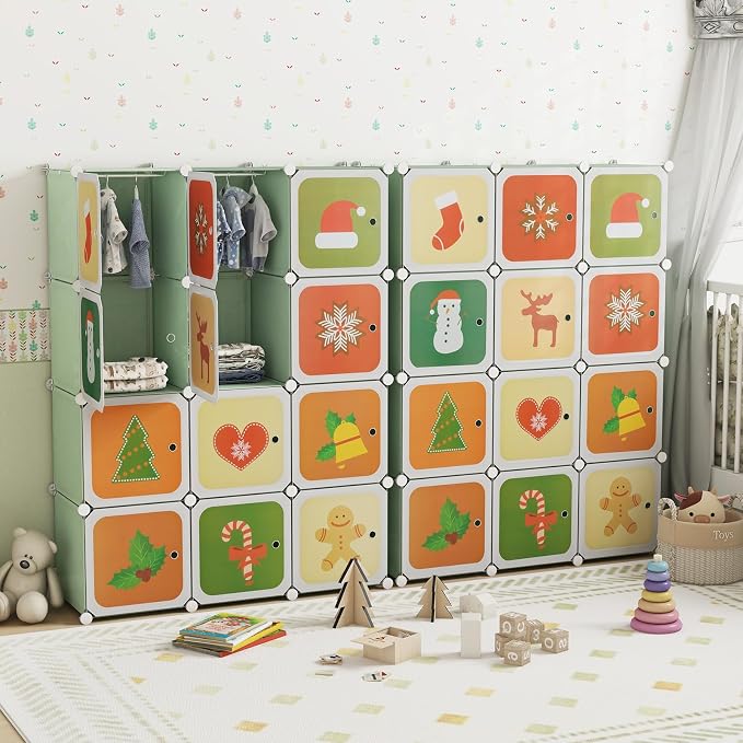 HONEY JOY Kids Wardrobe Closet, Baby Cartoon Clothes Storage Organizer, 12 Cubes & 2 Hanging Sections, Portable Children DIY Modular Bedroom Armoire Dresser Cabinet for Boys Girls (Green) - Image 2