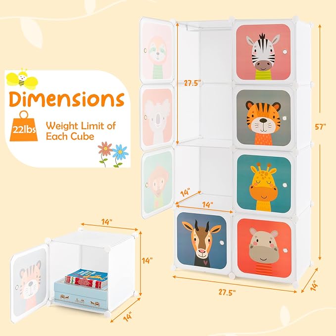HONEY JOY Kids Wardrobe Closet, Baby Cartoon Clothes Storage Organizer, 8 Cubes & 2 Hanging Sections, Portable Children DIY Modular Bedroom Armoire Dresser Cabinet for Boys Girls (White) - Image 8