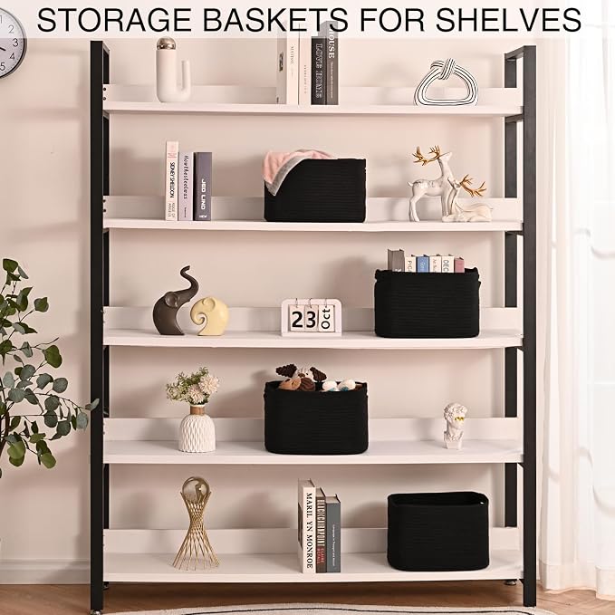 Small Storage Baskets for Organizing Shelves, Cotton Rope Basket for Storage, Cute Rectangular Book Toy Bins, 12.7"×9.1"×7.9", 4 Packs, Black - Image 3