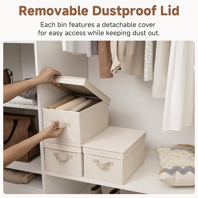 StorageWorks Storage Bins with Lids, Storage Basket with Lid, Closet Bins | Lidded Dust-proof, Easy Pull Handles, Foldable, Stackable, Ideal for Clothes Blanket Towel, Large, Cream White, 3-Pack - Image 2