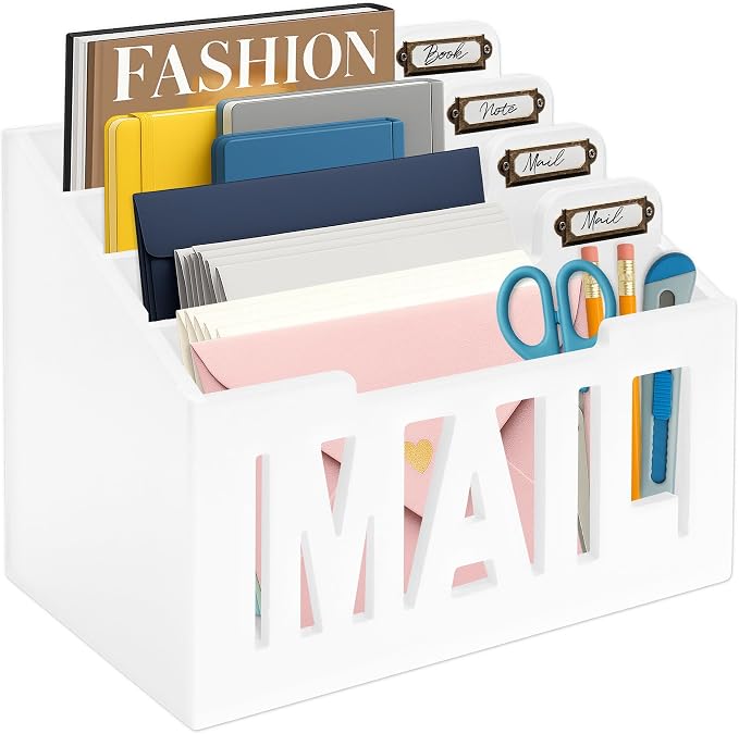 Mail Organizer Countertop, Desktop Mail Sorter with 4 Slots & Labels, White | Bills, Letters, Envelopes & Receipts by ADDFITHOUSE