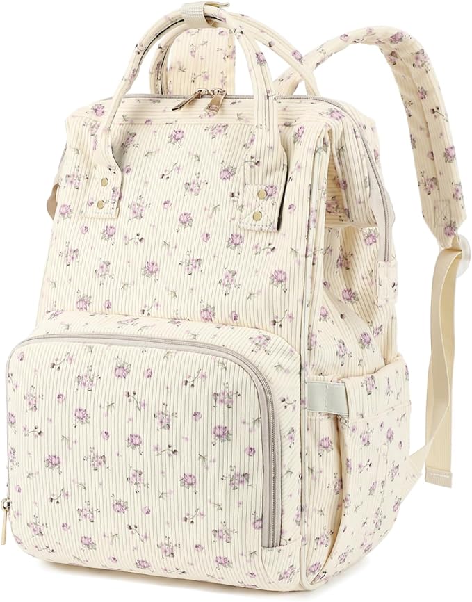 Corduroy Diaper Bag Backpack for Baby Girls Boys, Women Large Nappy Bags for Mom (Beige Corduroy Flowers Purple) by Yusudan