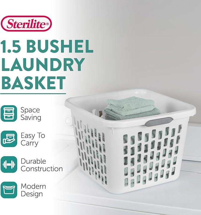 Sterilite Square Laundry Basket, Plastic Clothes Hamper, 12 Pack | 1.5 Bushel Capacity, White, Large Bin with Comfort Grip Handles and Reinforced Rim - Image 2
