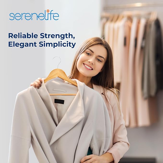 SereneLife Solid Wooden Hangers, Mega Pack, 60 Pieces Hangers for Clothes, Heavy Duty Suit Hanger Set with Chrome 360 Degree Swivel Hook, Notched Design, Natural Wood Color - Image 7