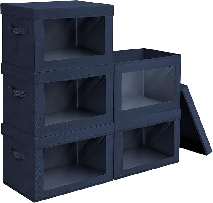Stackable Storage Bins with Lids - Medium Storage Box with Lids, Foldable Closet Boxes for Organizing, Wardrobe Clothes Organizer with Window, Cubes Bins for Living Room, 5 Pack, Navy Blue by Homsorout