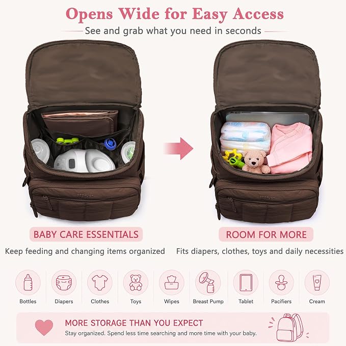 Puffy Diaper Bag Backpack for Mom, Lightweight Quilted Baby Bag with Waterproof Changing Pad, Large Travel Diaper Backpack with Insulated Bottle Pockets, Wipes Pocket, Stroller Straps - Image 3