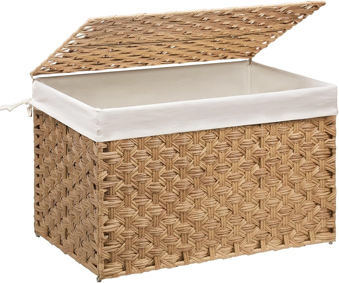 Wicker Storage Basket with Lid, 52.8 Gallon (200L) Large Blanket Basket with Lid, Woven Storage Bin with Handles, Removable Liner, Metal Frame, Foldable, for Bedroom, Laundry Room, Natural by MOORLITER