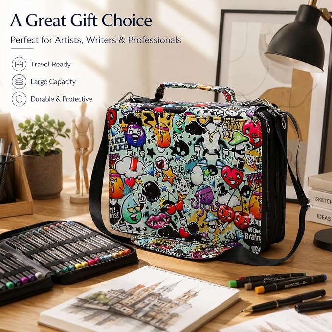 168-Slot Marker Organizer Bag, 3-Layer Case with Strap | 168-slot 3-layer marker bag in twill Oxford fabric with handle, detachable strap, smooth zipper for studio and outdoor use. - Image 5
