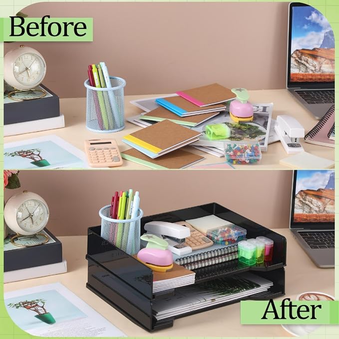 DoubleFill 2 Pcs Stackable Letter Tray Plastic Paper Tray, Black | 13 x 9.5 x 2.6 In, Rectangular, Paper Holder, File Tray for Desktop Office Desk Drawers - Image 5