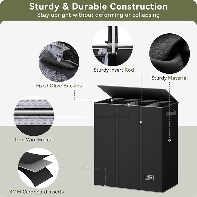 SOLEDI 160L Laundry Hamper 3 Section, Extra Large Laundry Hamper with Lid, Dirty Clothes Hamper with Sturdy Handle, Large Laundry Basket Organizer for Laundry Room, Bedroom, Hampers for Laundry - Image 5