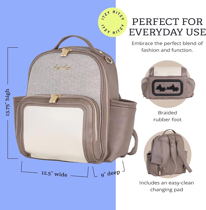 Itzy Ritzy Mini Diaper Bag Backpack, 10 Pockets Changing Pad, Vanilla Latte | Chic Mini Plus Diaper Bag with 2 Insulated Bottle Pockets, Key Lanyard, Wipeable Changing Pad, Grab-Top Handle & Rubber Feet - Image 4