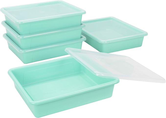 Storex Letter Size Flat Storage Tray – Organizer Bin with Non-Snap Lid for Classroom, Office and Home, Teal, 5-Pack (62541A05C) - Image 3