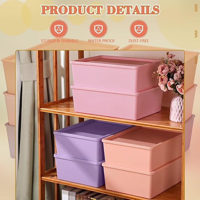 6 Pcs Large Plastic Storage Bins with Lids, Pastel | 14.4 x 10.4 x 5.1 Inch, Stackable Storage Containers, Decorative Cubby Organizer for Clothes Shelves Garage Closet Office - Image 3